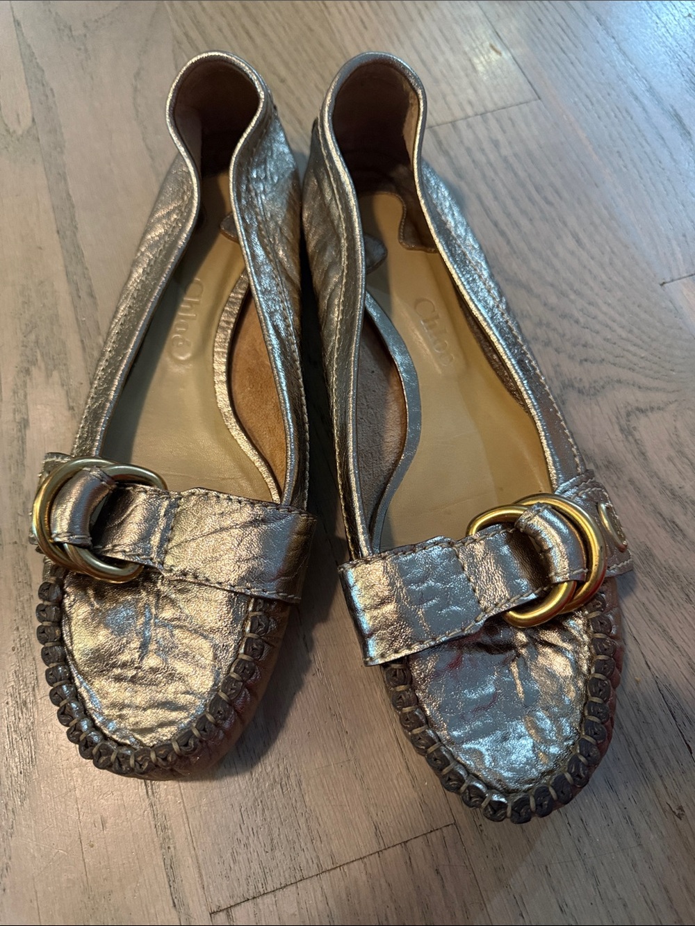 Chloe Vintage Metallic Gold Leather Women’s Loafers with Buckle Detail